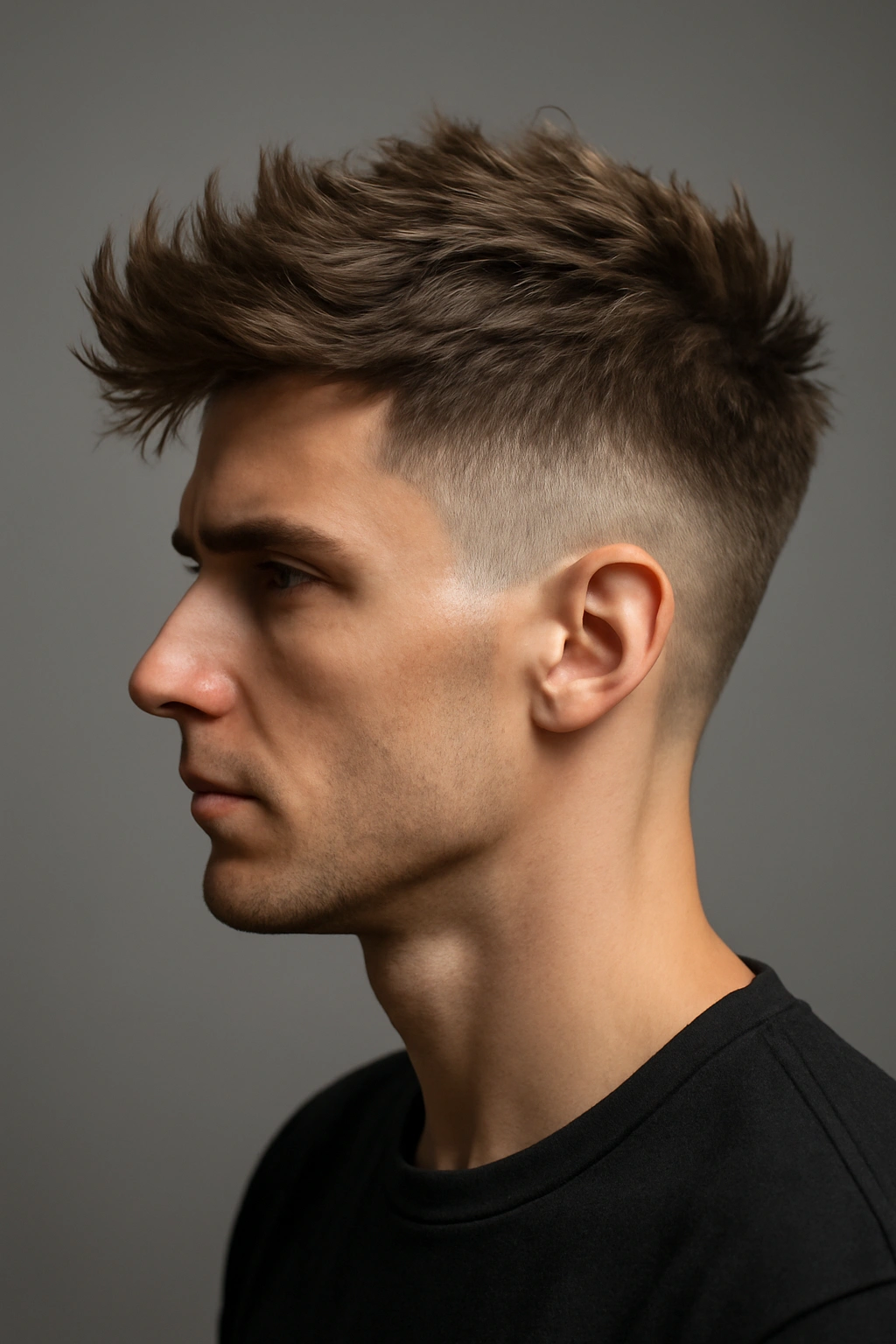 Profile view of an undercut hairstyle with shaved sides and textured top, showcasing fullness