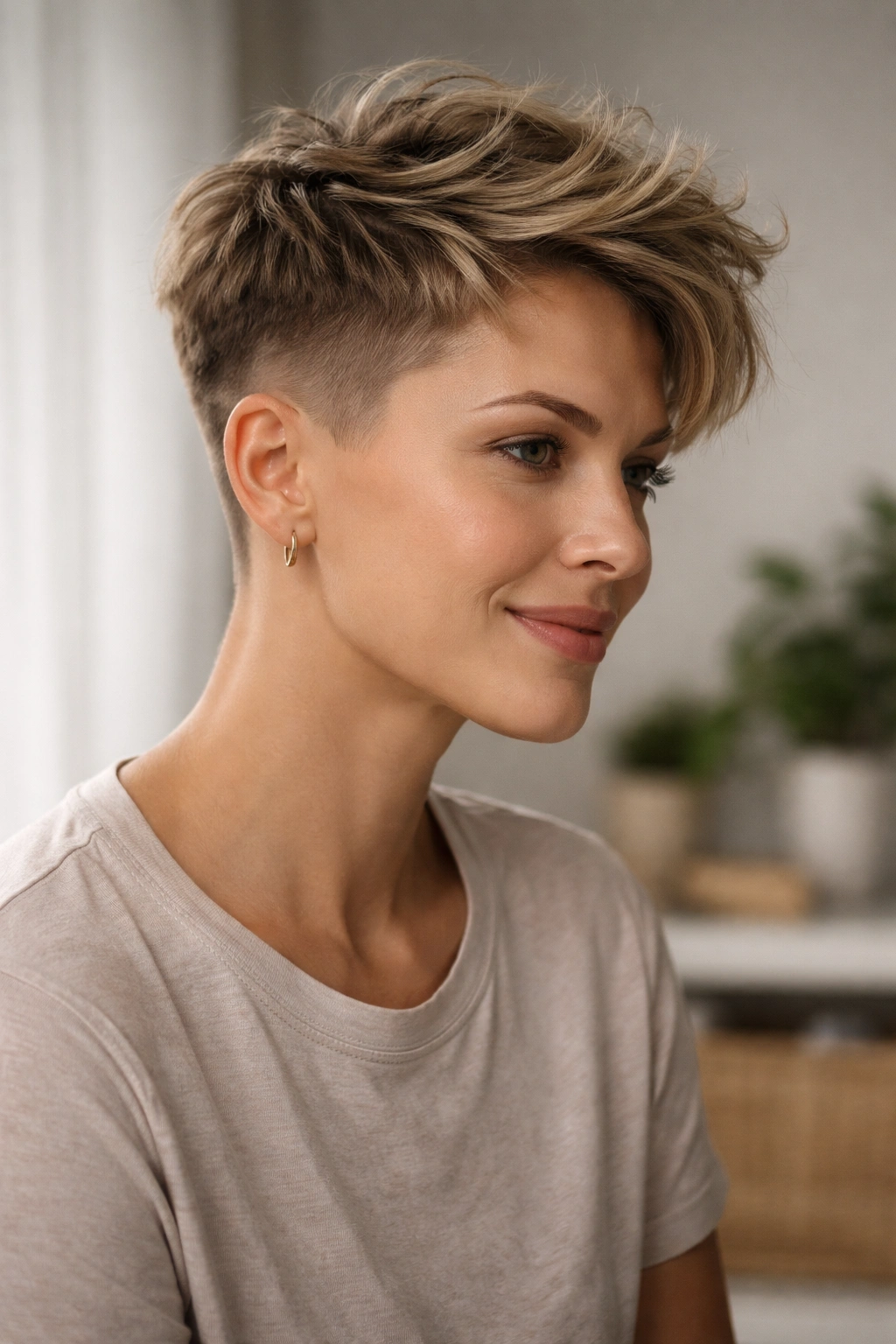 Portrait of a model with a modern undercut and textured top, short sides and longer top.