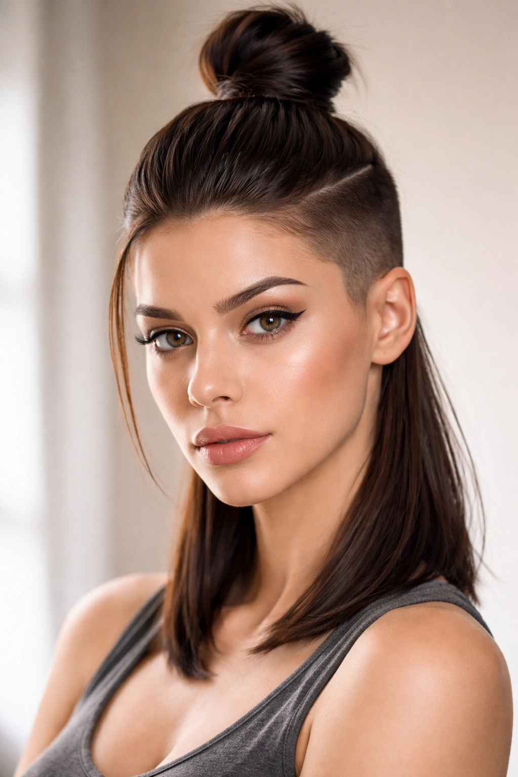 25 Medium Length Hairstyles That Suit Everyone 24 Undercut with top knot in sleek layered hair