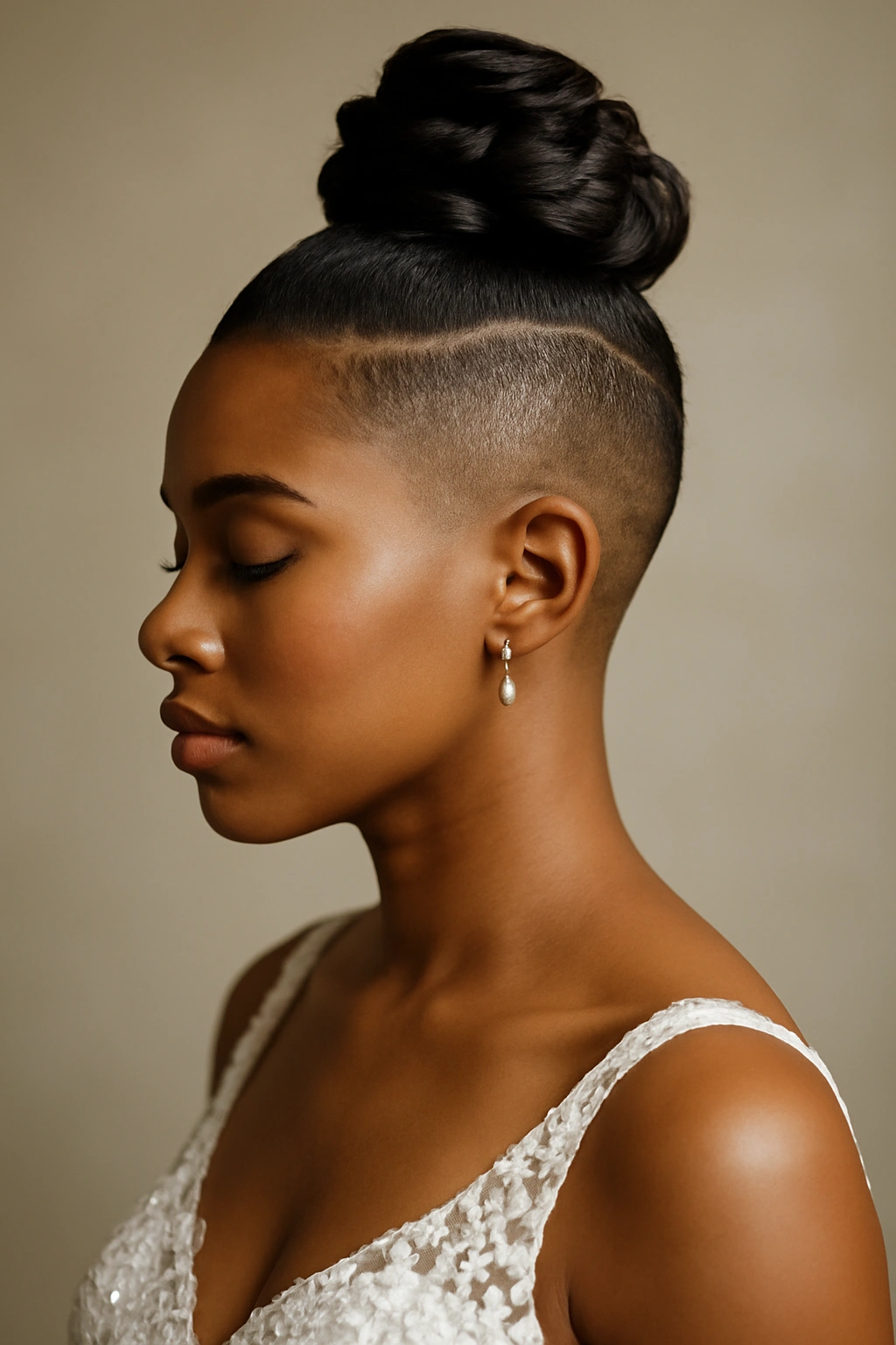 10 Short Hair Wedding Styles Black Brides Will Love 10 Undercut with sculptural top knot bun on a bride.