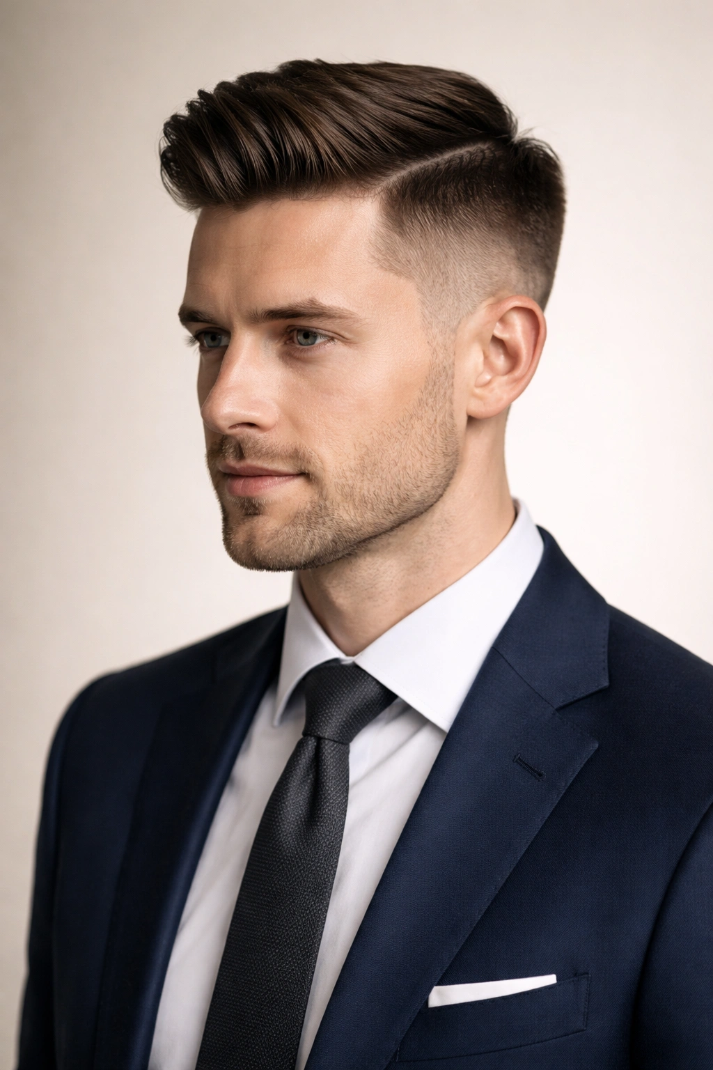 Person with an undercut showing short sides and longer top in a professional look