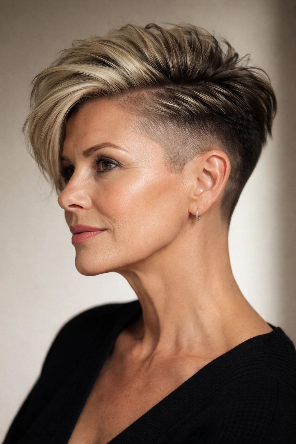 12 Short Hairstyles For Round Faces Over 50 9 Profile view of a disconnected undercut with long top on a round-faced model over 50