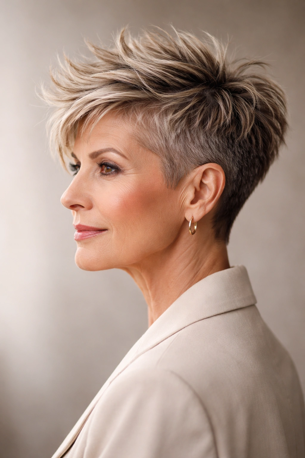 Mature woman with a tousled undercut and voluminous top.
