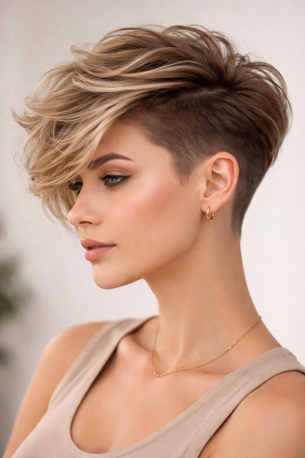 Portrait of a person with a soft disconnected undercut and voluminous top layers in a studio setting.