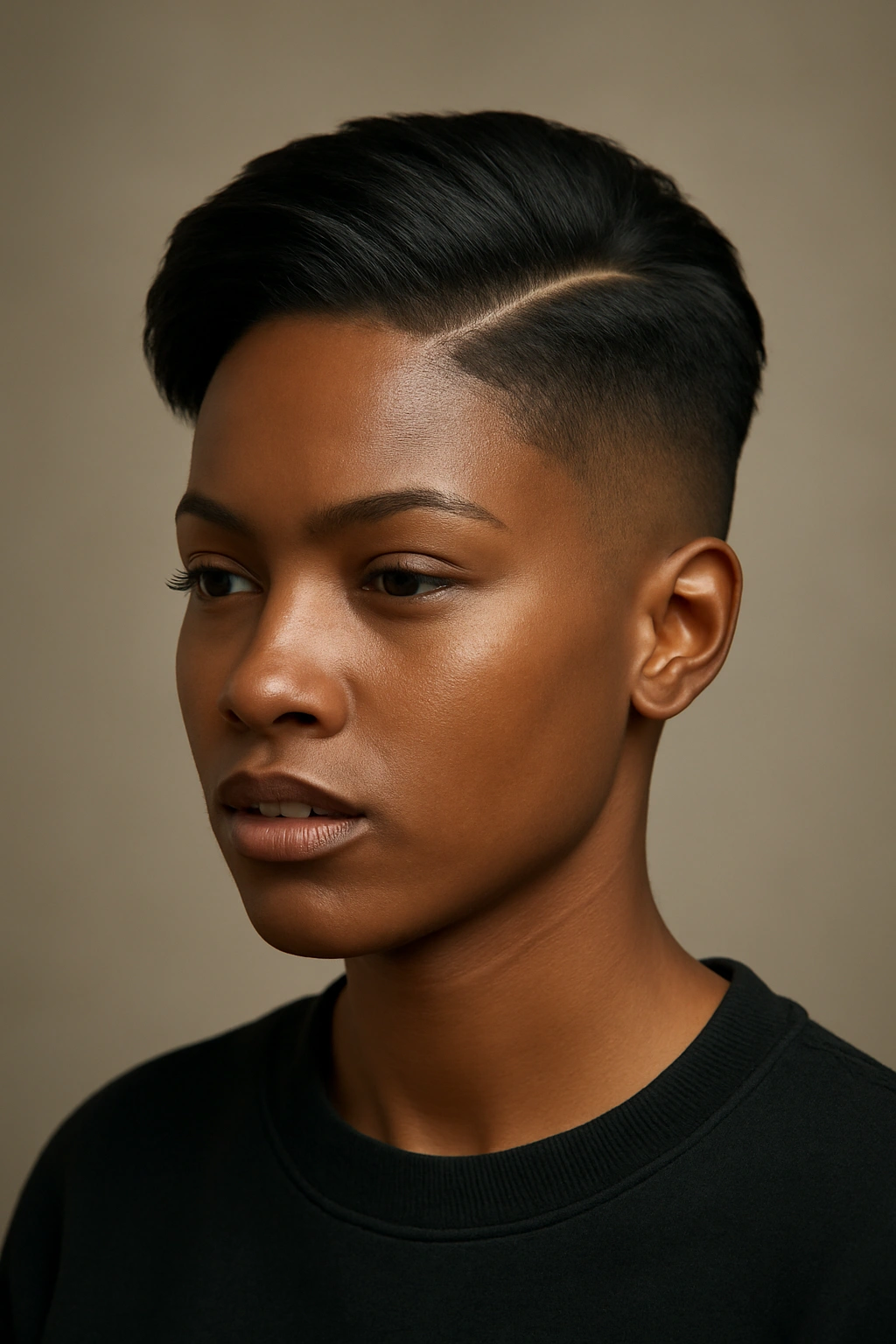 10 Middle Part Short Hairstyles for Black Women 4 Head-and-shoulders portrait of a taper fade undercut with volume on top in a studio