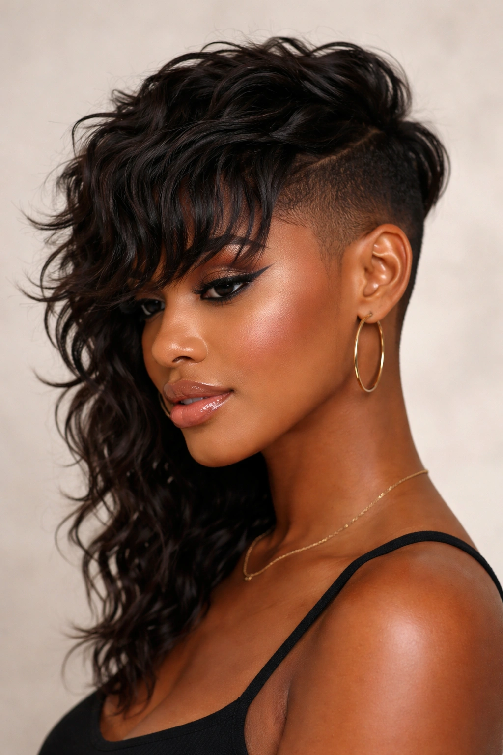 Undercut with wavy textured bangs blending into top hair