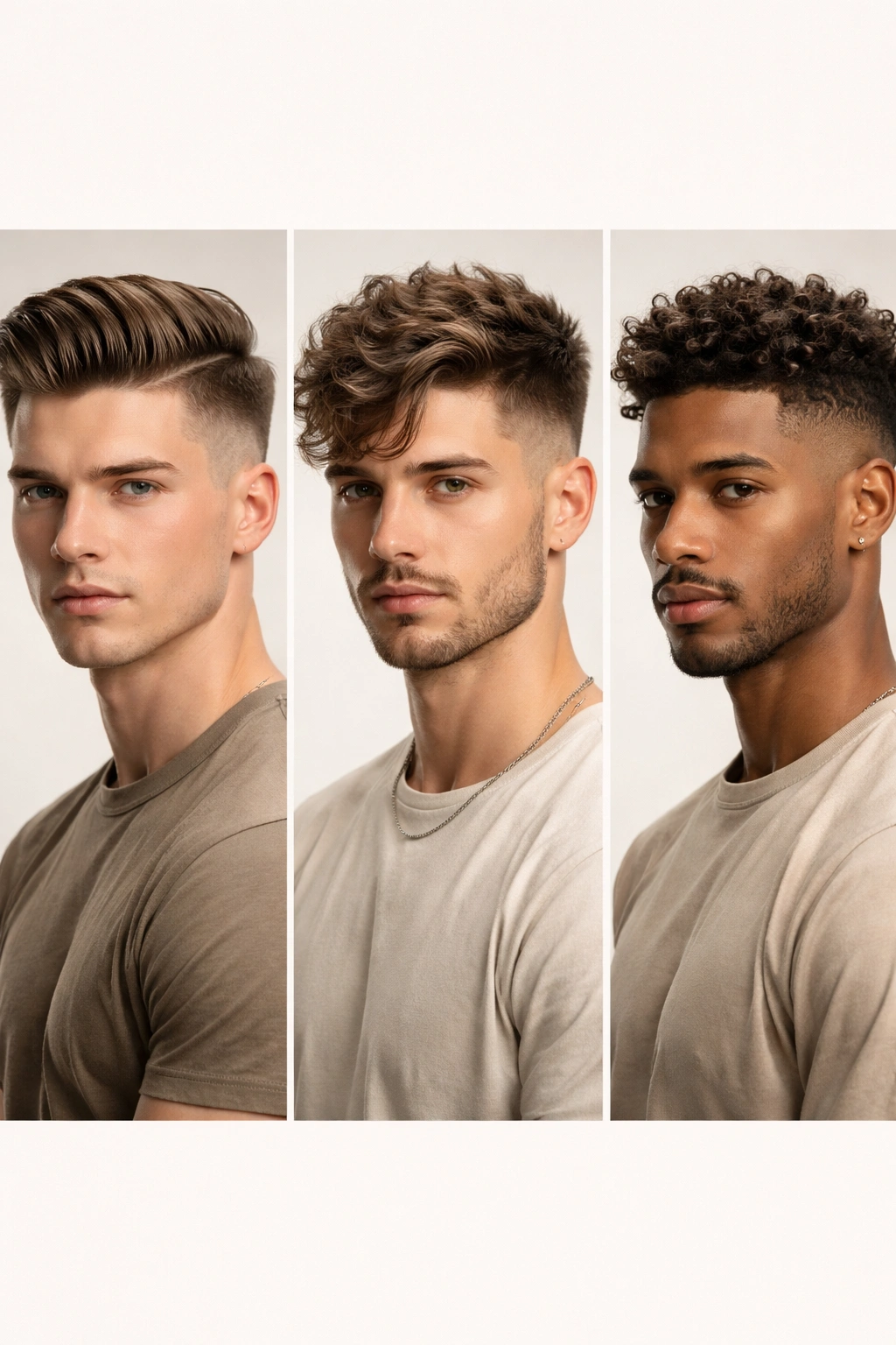 Three heads with undercuts showing straight, wavy, and curly textures
