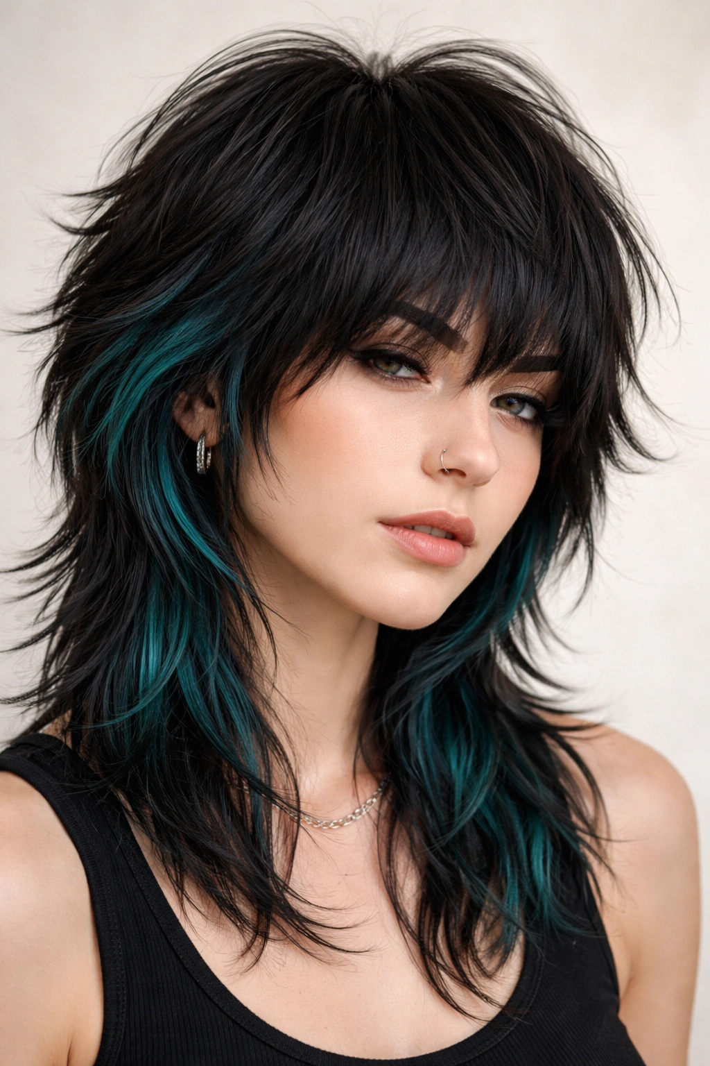 Close-up of an underdyed wolf cut with a hidden teal color peeking through
