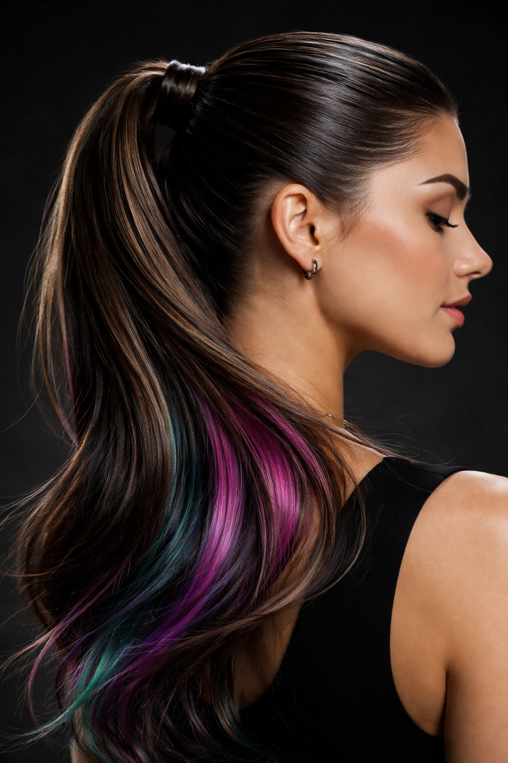25 Slick Back Ponytail Styles for a Chic, Polished Look 10 Ponytail with color on the underside visible in movement.