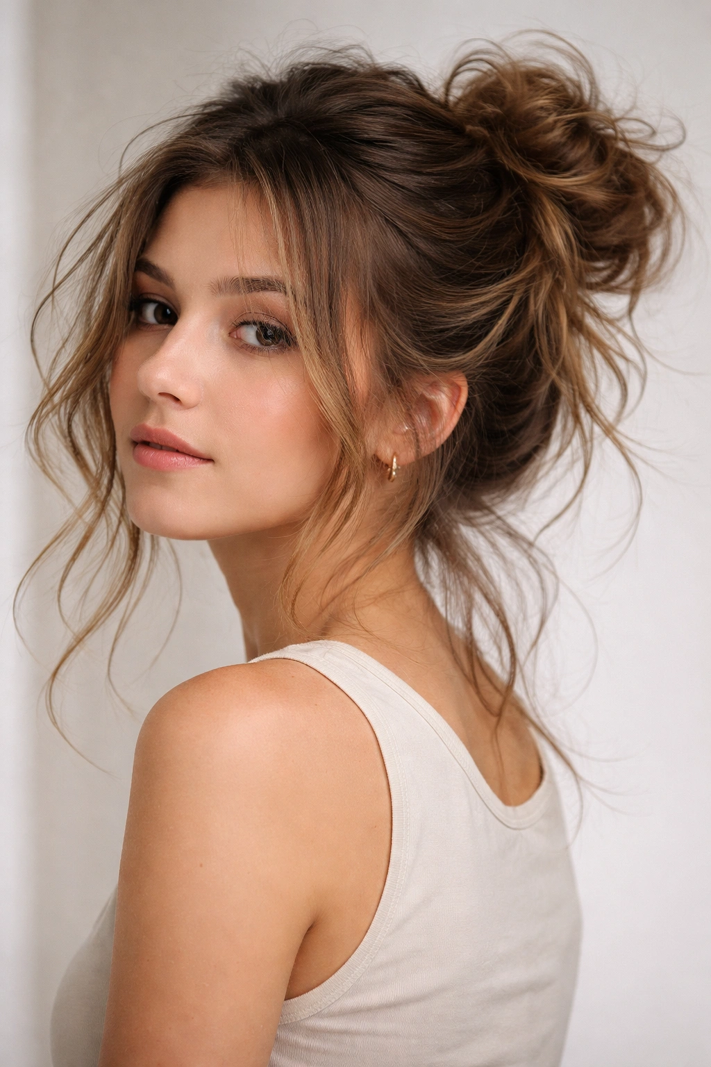 Close-up of a messy, textured undone hairstyle with a loose bun