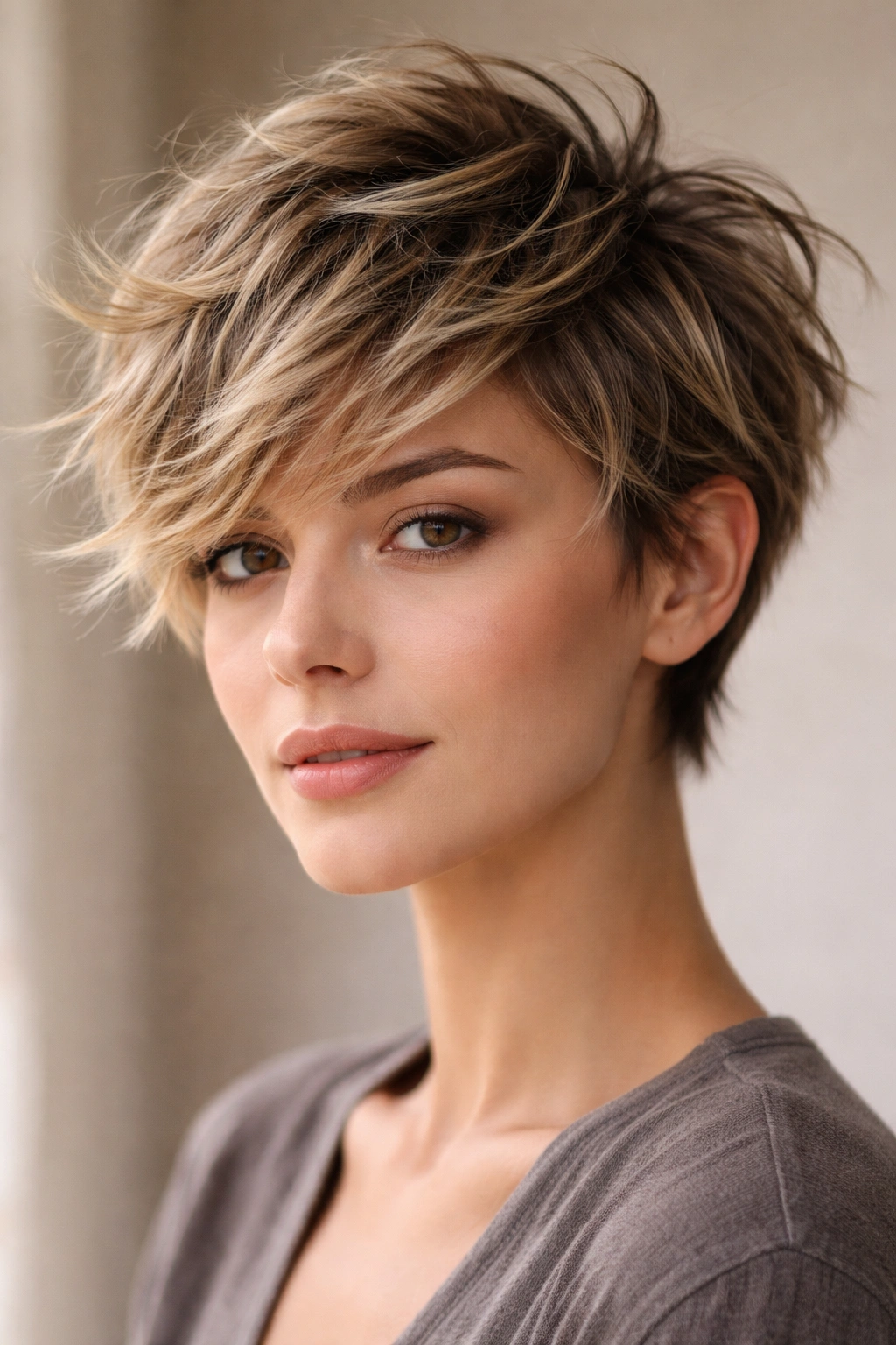 10 Wavy Pixie Cuts That Look Totally Effortless 5 Close-up of Undone Pixie with Lots of Texture showing layered piece-y sections