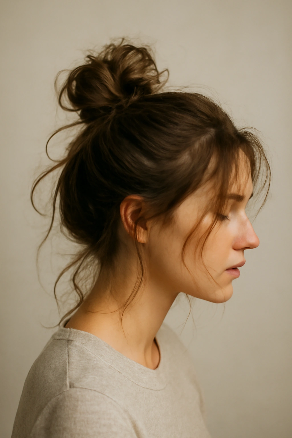 Undone textured top knot with waves and loose strands