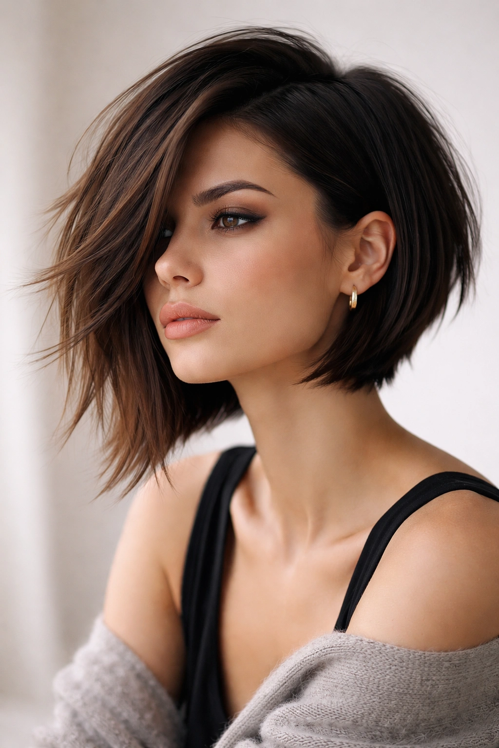 Contemplative portrait of a person with an uneven bob emphasizing edge and movement.