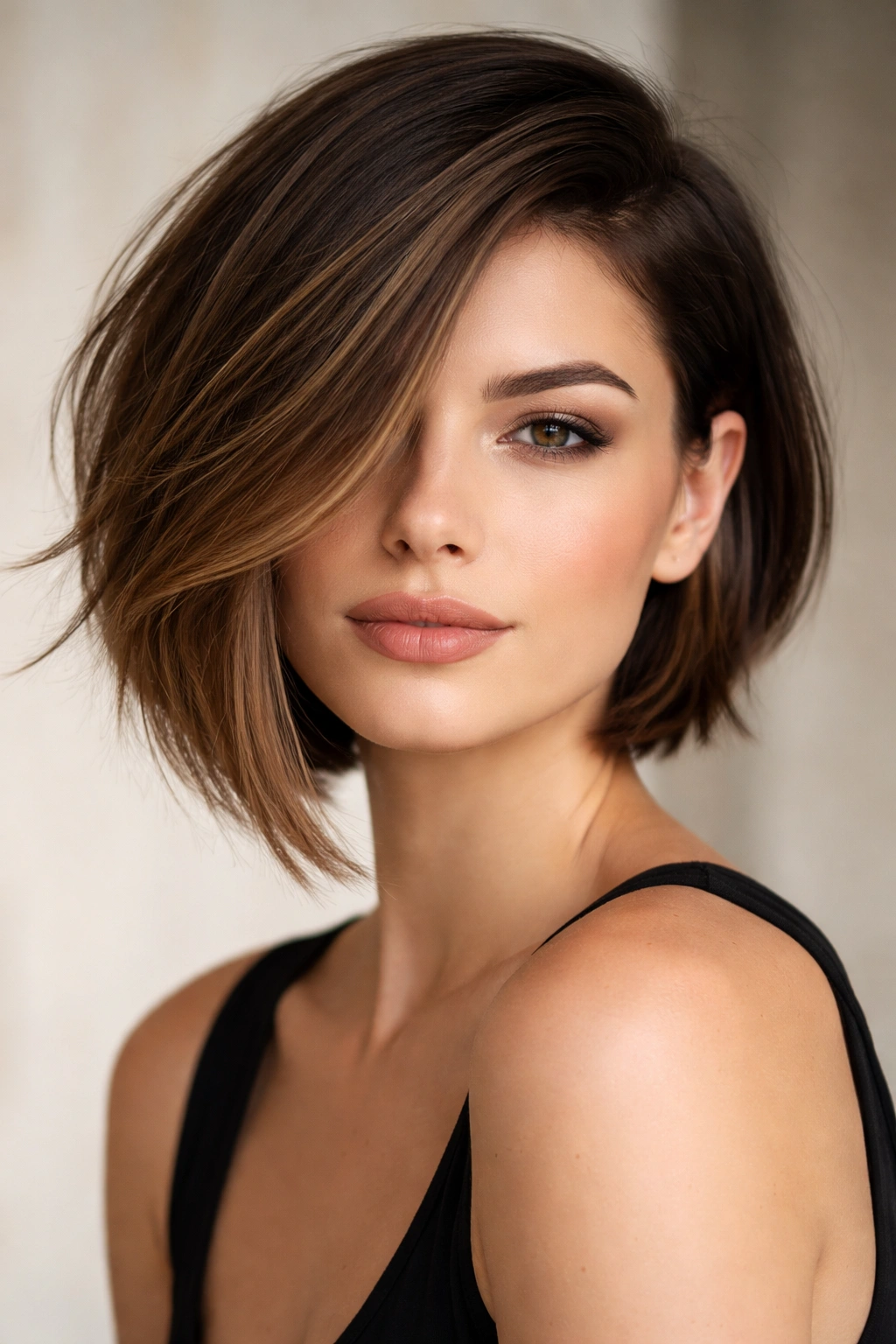 10 Uneven Bob Haircuts For An Edgy Statement 7 Close-up of a person with side-swept uneven bob featuring shorter and longer face-framing sides