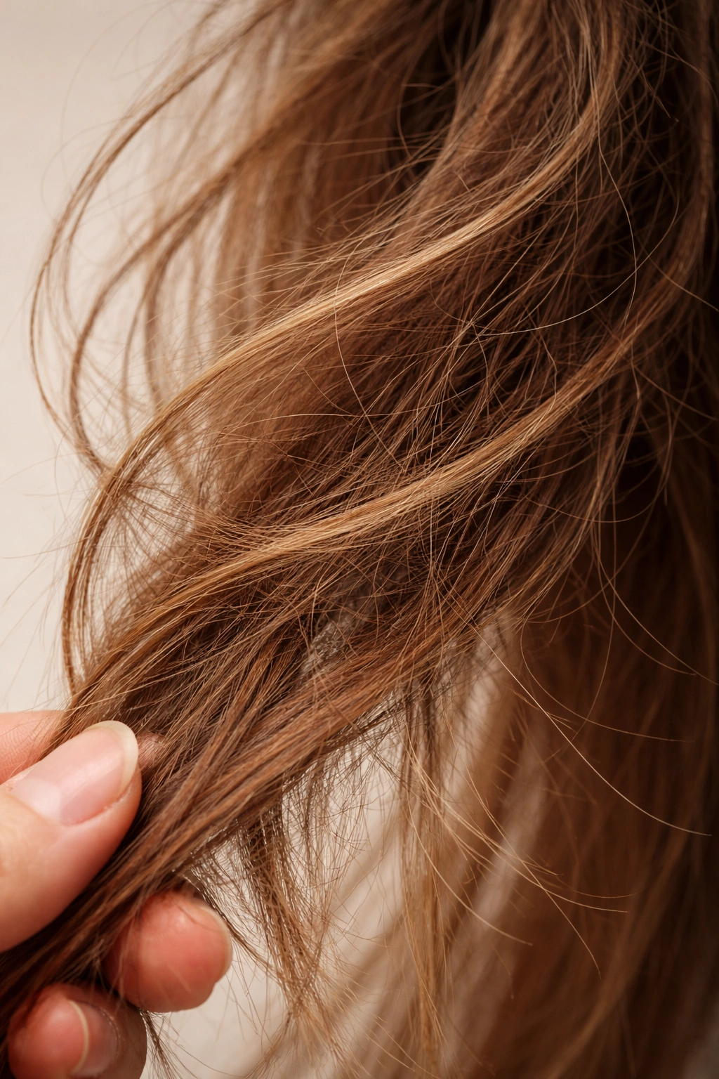 Close-up of dull, frizzy hair showing rough texture and lack of shine