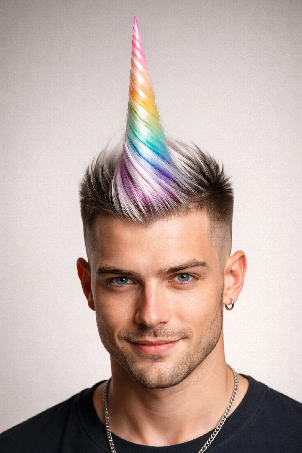 Forehead spike hair styled into a unicorn horn with white and pastel tones