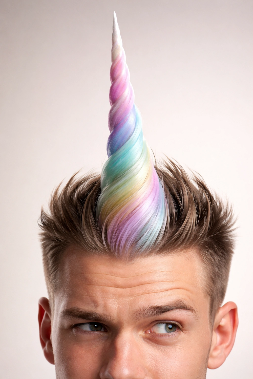Forehead with a single unicorn horn hair spike in white and pastel shades