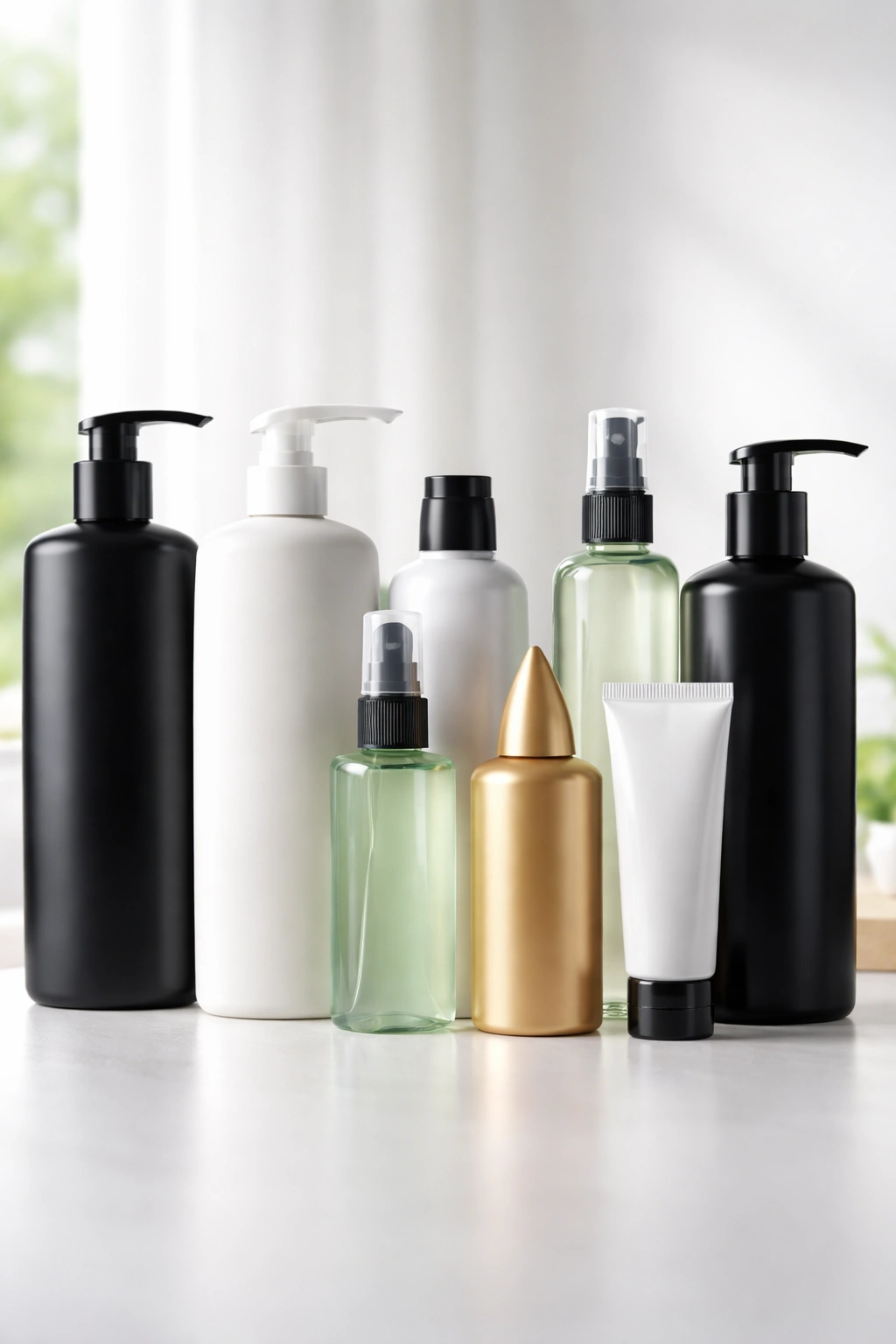Row of unlabeled haircare bottles representing other products