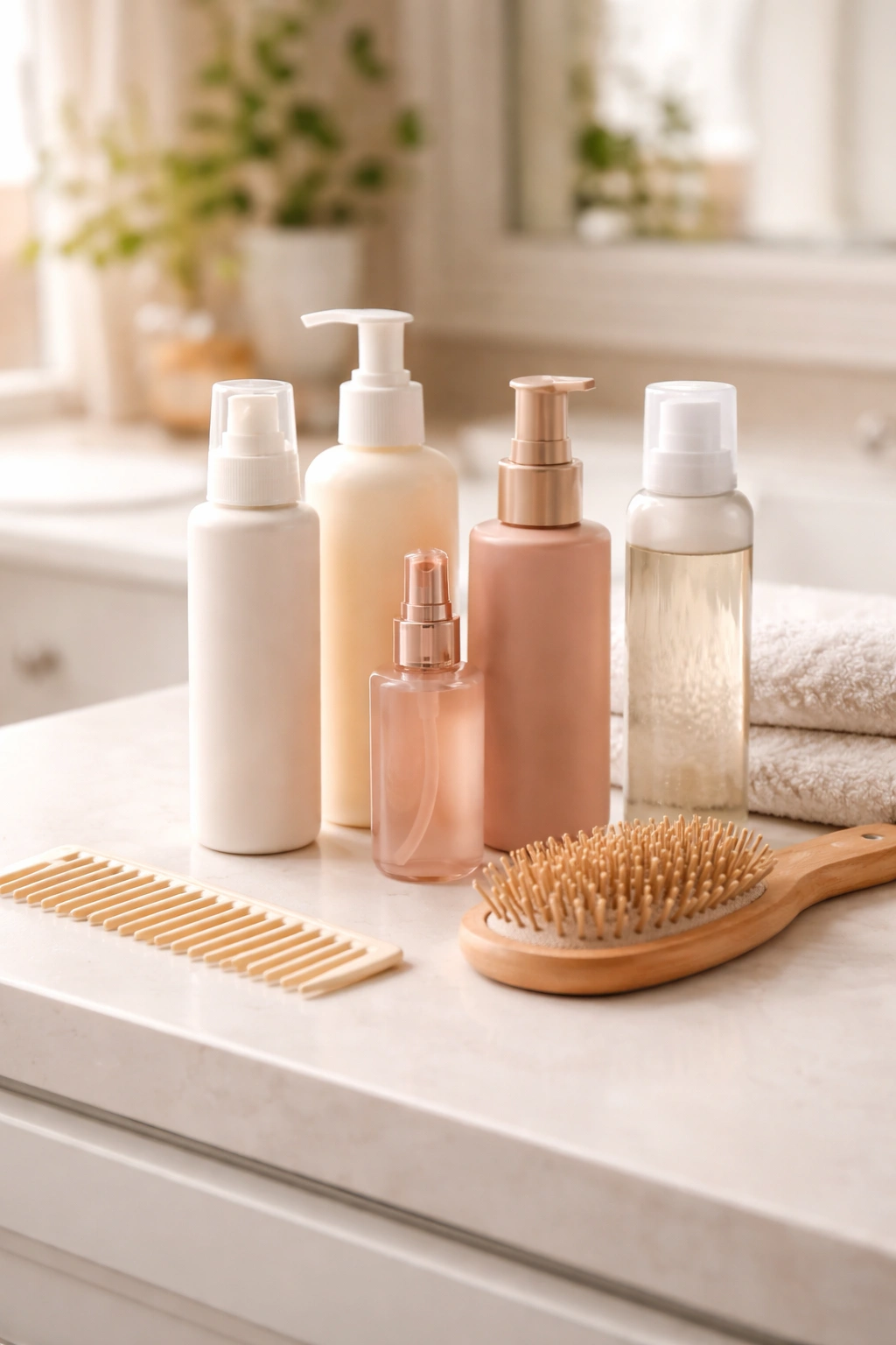 Unlabeled hair care bottles and comb on bathroom counter