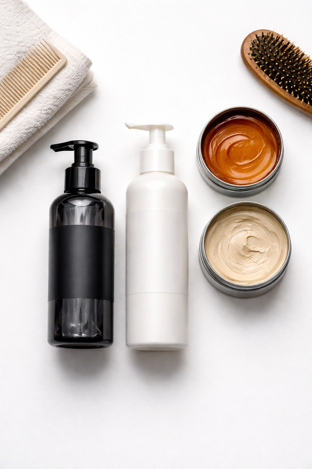 Top-down view of unlabeled hair product containers arranged on a white surface
