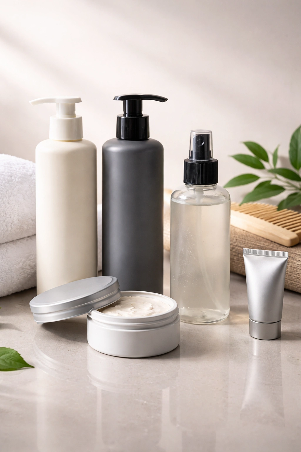 Assorted unlabeled hair care bottles for cleansing, conditioning, and styling.