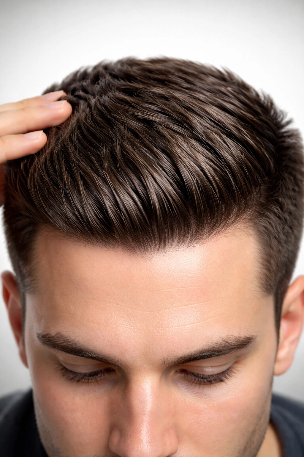Close-up of a head with an unrealistically dense hairline, illustrating unrealistic transplant expectations