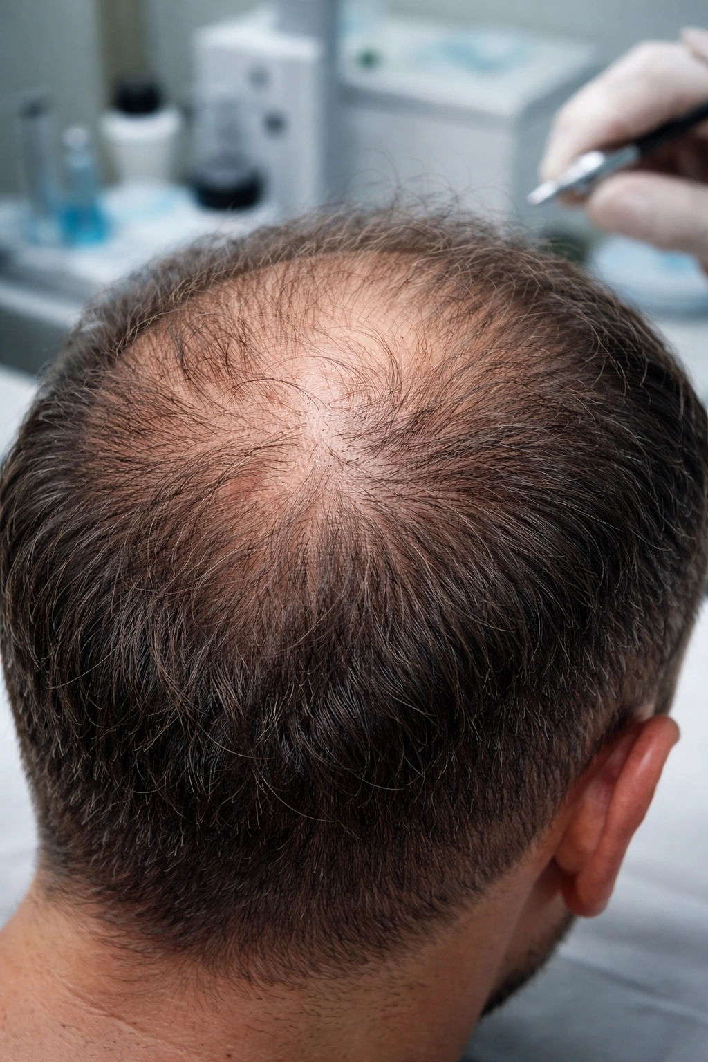 Scalp close-up showing uneven hair miniaturization indicating unstable hair loss