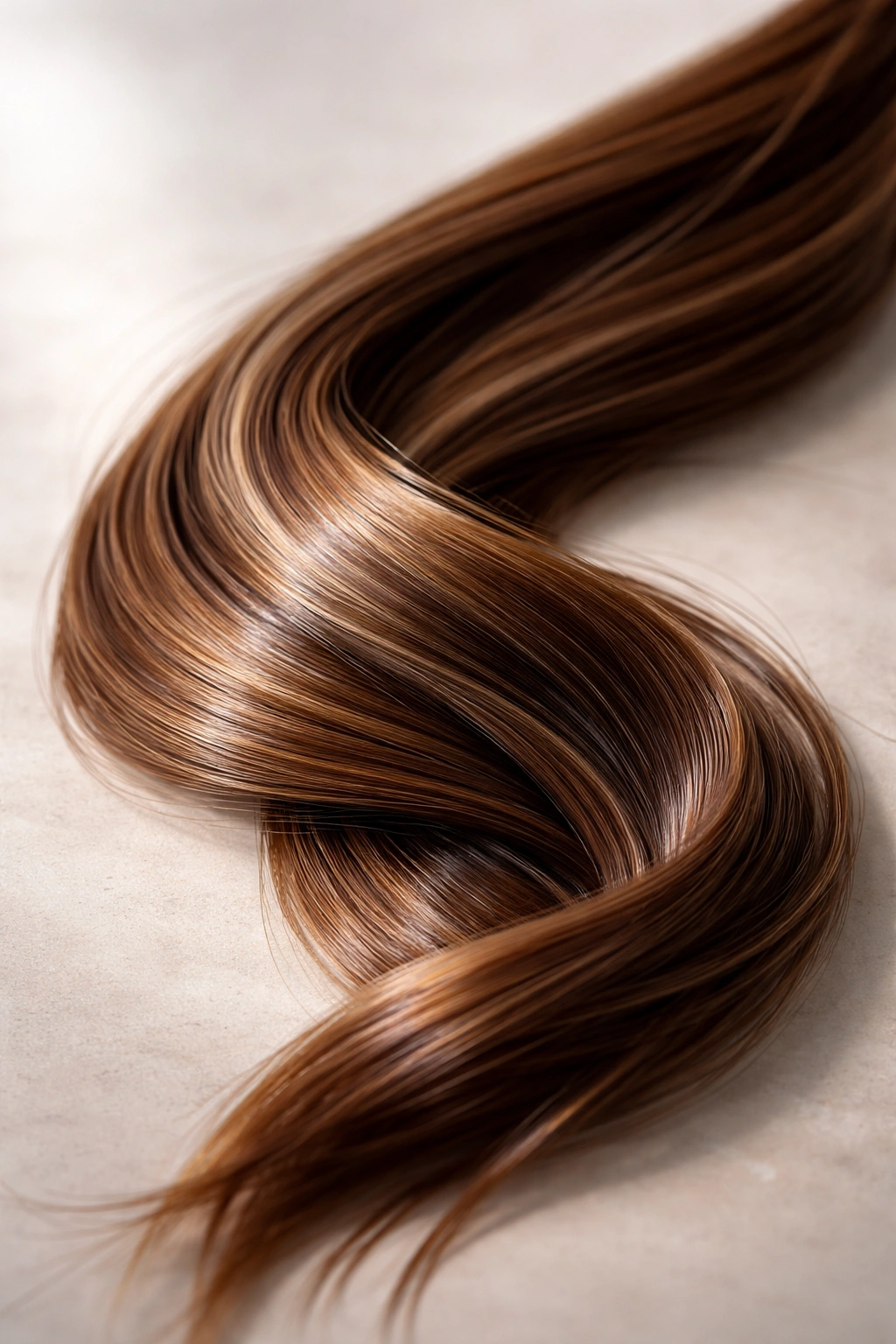 Close-up of untangled glossy hair strands on a neutral surface