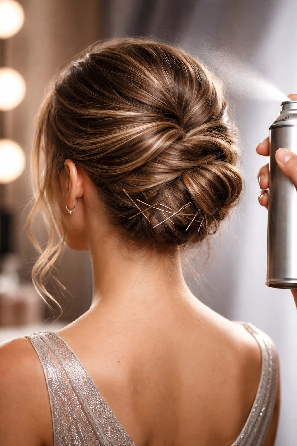 Close-up of a secured updo with crisscrossed pins and hold