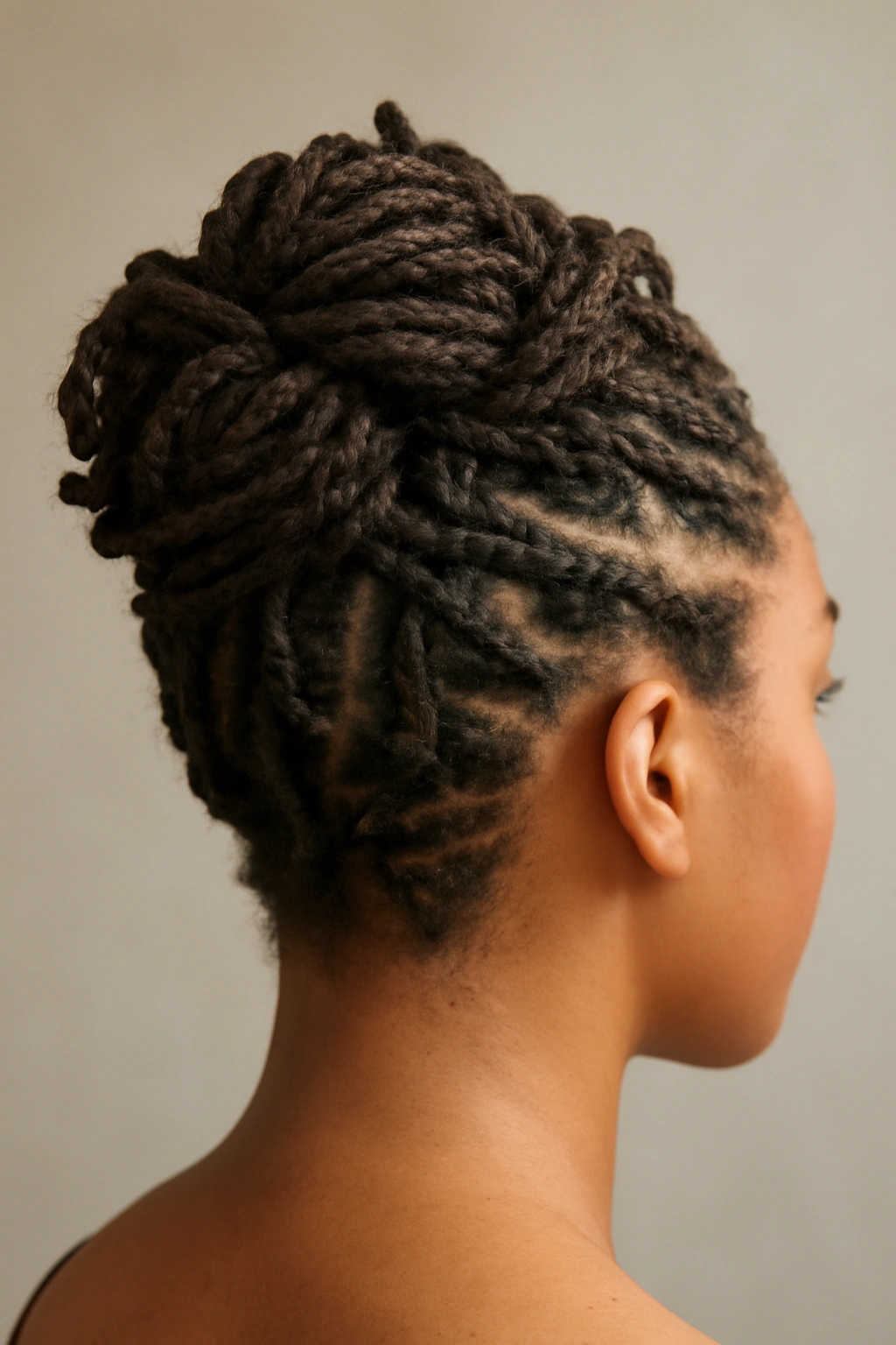 10 Hairstyles to Try If You Have Short Dreads 8 Close-up of a multi-textured updo on short dreadlocks showing twists, braids, and wraps.