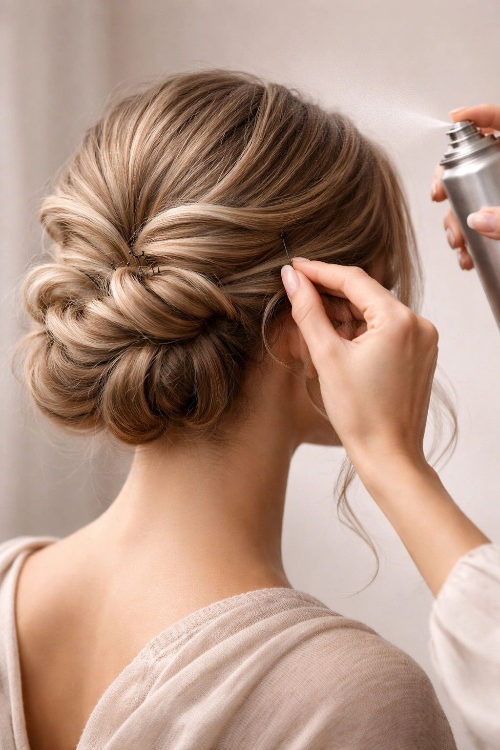 Close up of an updo in progress with bobby pins and light hairspray