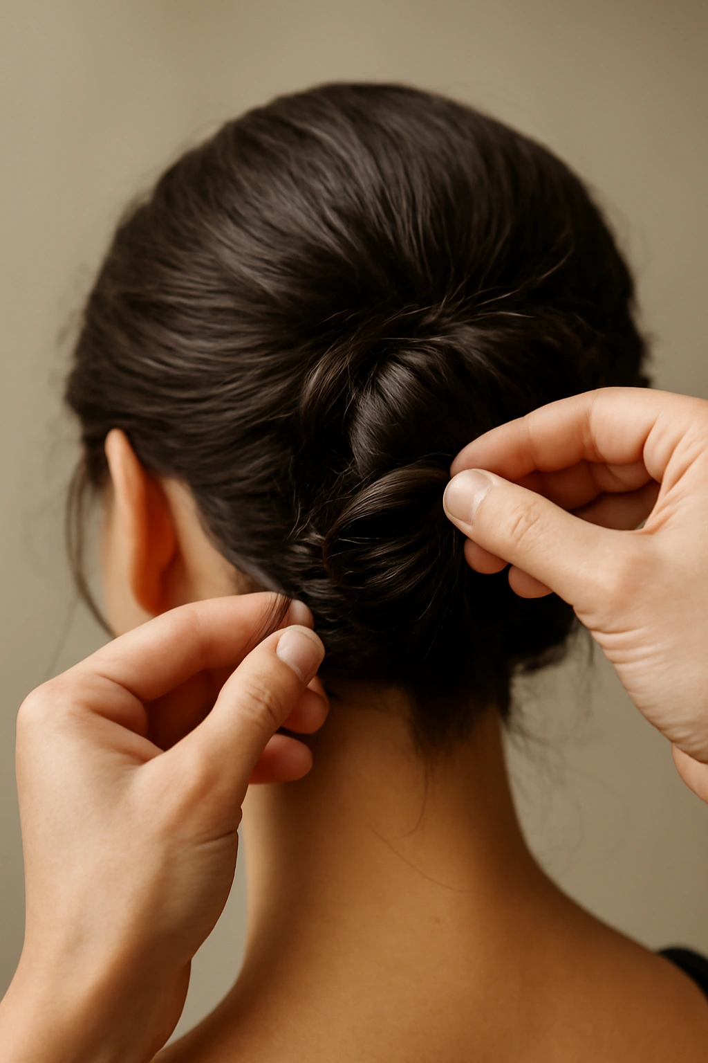 8 Sleek Updos for Black Tie and Formal Events 11 Hands pinning and adjusting hair to fix a loose updo.