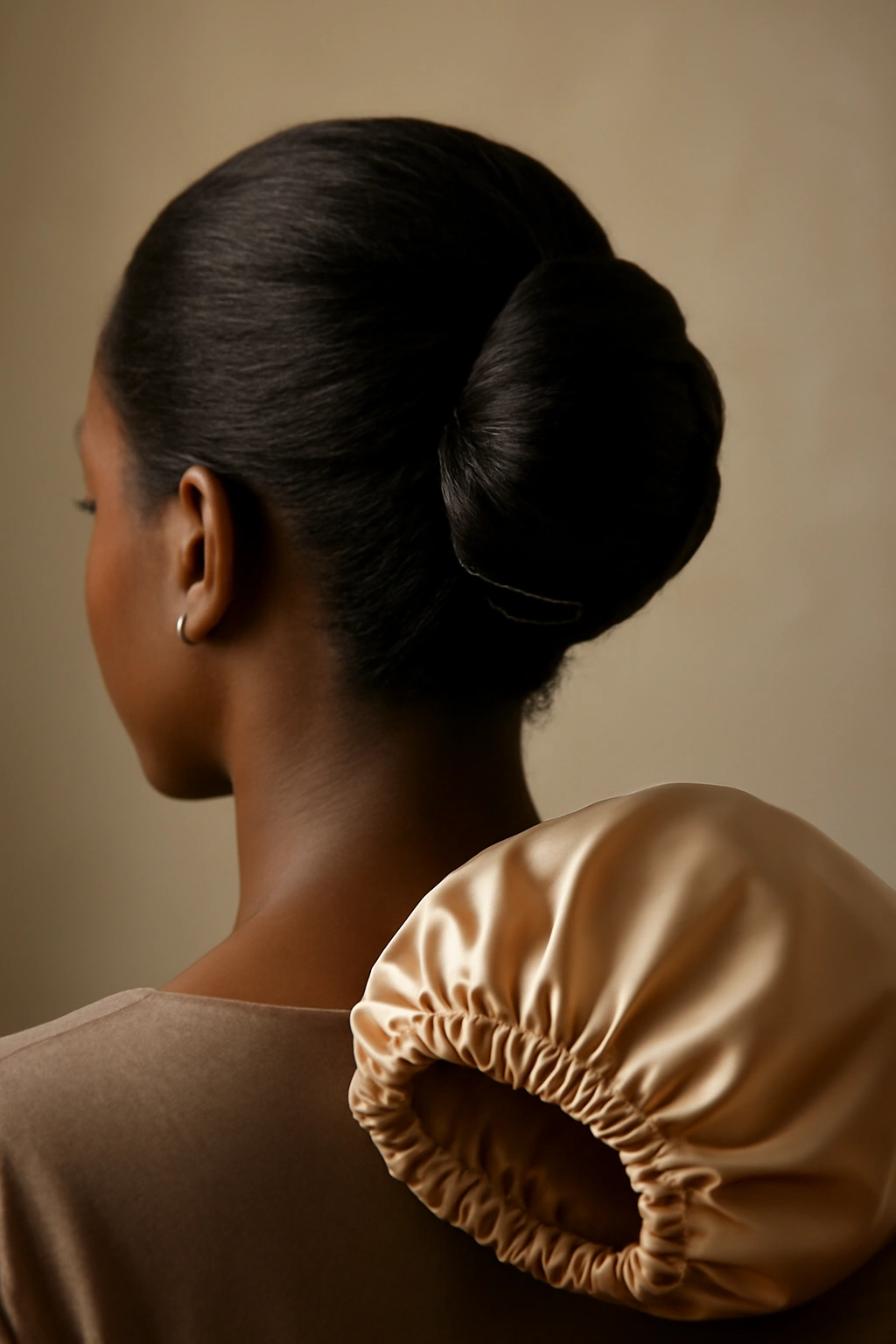 12 Elegant French Roll Updos Every Black Woman Needs 19 Close-up of a Black woman's head with a sleek French roll updo and a satin bonnet nearby in a studio.