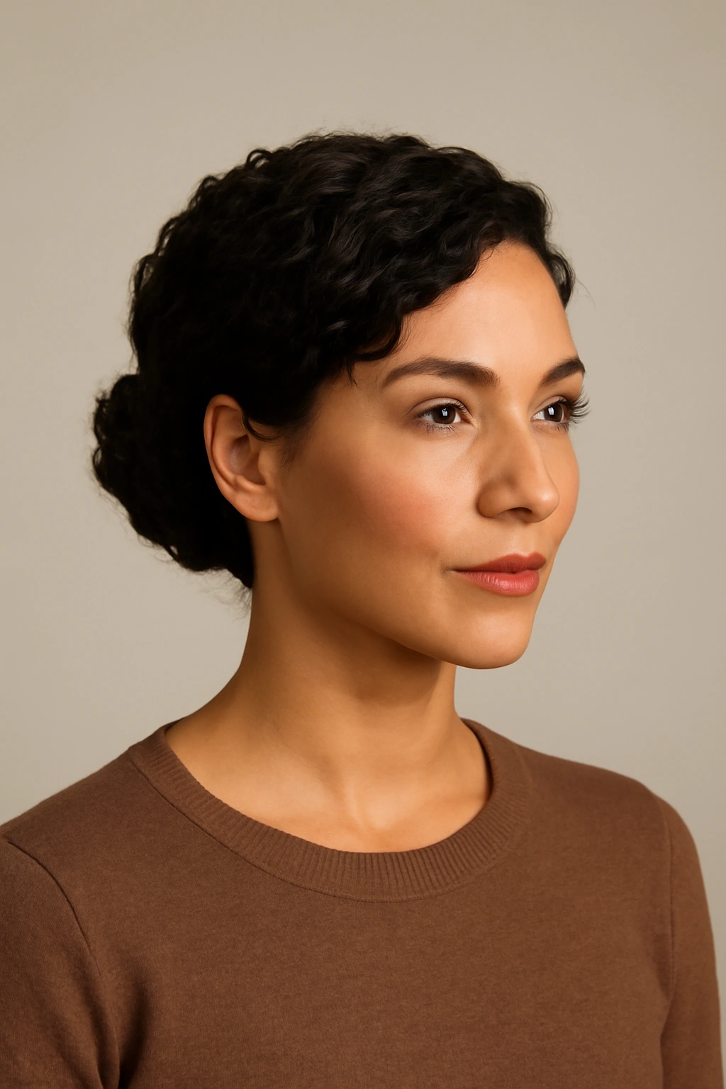 Portrait of a chin-length curly cut styled into a sleek updo-ready hairstyle