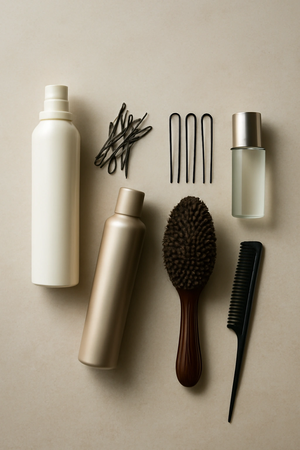 8 Sleek Updos for Black Tie and Formal Events 10 Flat lay of mousse, texturizing spray, pins, comb, brush, hairspray, and serum for updos.