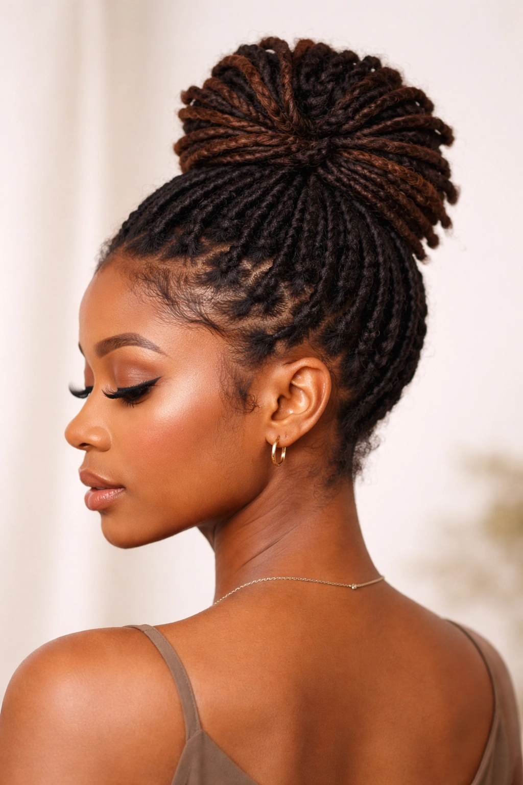 Close-up of upside-down bun on short dreads with crown-height volume