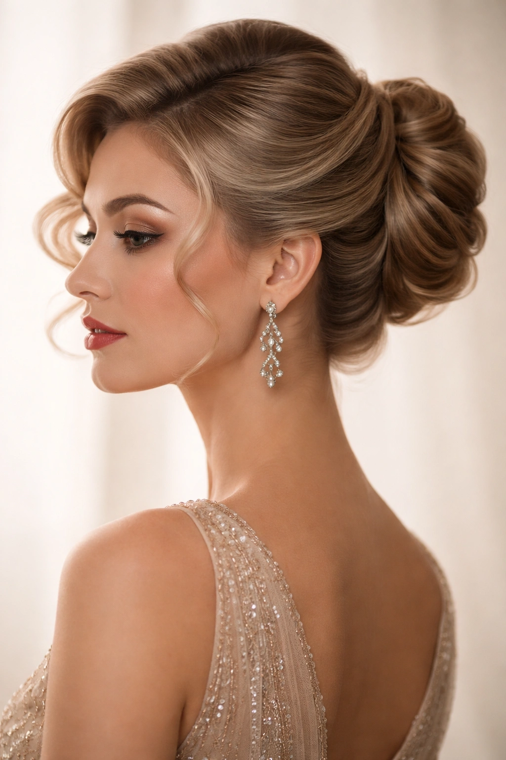 Side profile of a woman with an upswept chignon and face-framing waves