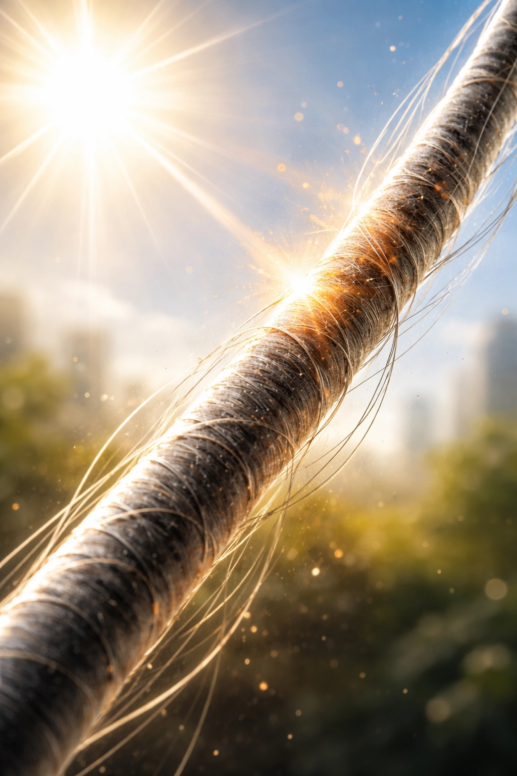 Hair strand under sun-like lighting illustrating UV damage and environmental factors