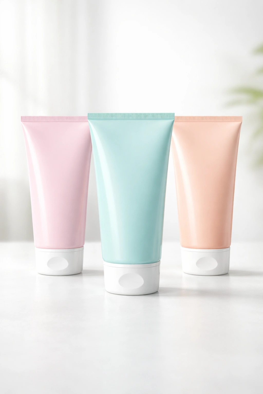 Three unlabeled Veet tubes representing formulas for sensitive, normal, and dry skin