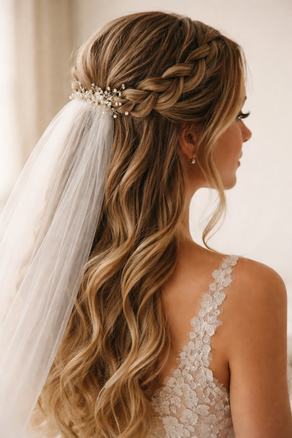 Bridal half-up braid with veil secured at anchor point