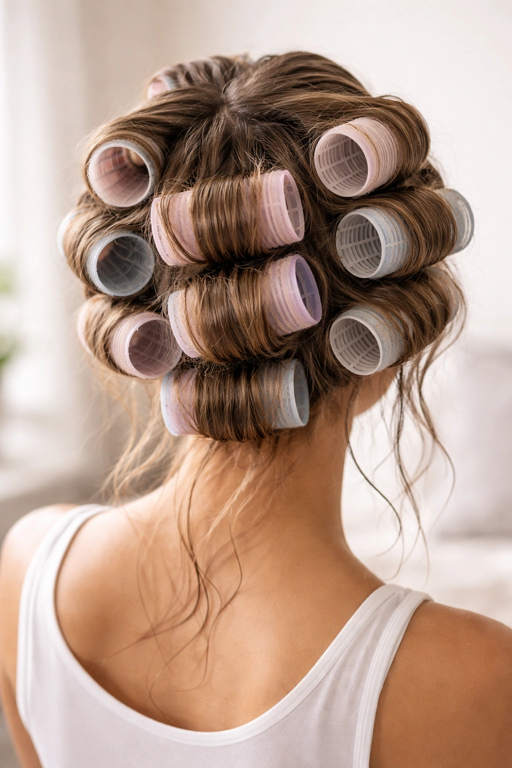 Back view of damp hair on velcro rollers with uniform spacing