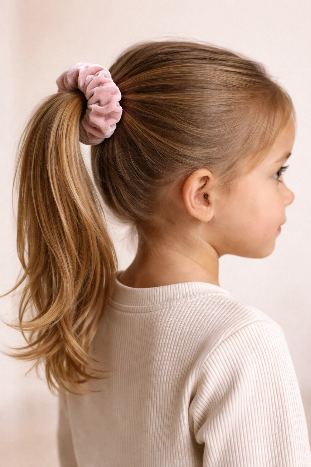 Ponytail secured with a velvet scrunchie at the crown.