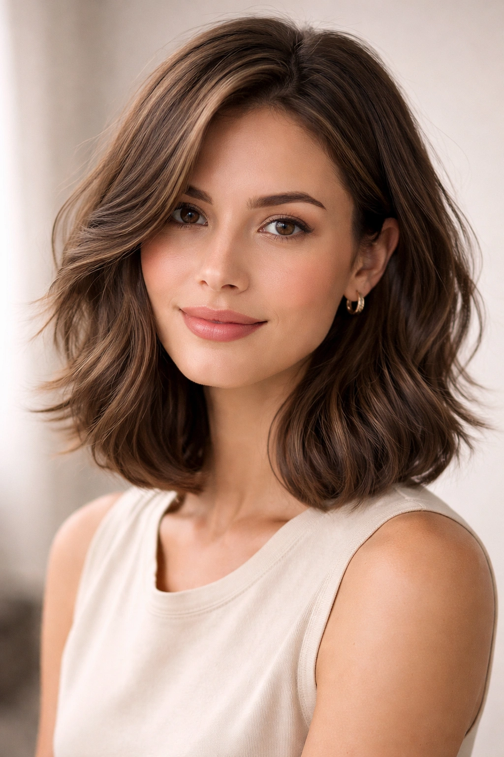 Close-up of a versatile shoulder-length layered bob that flatters multiple face shapes in a clean studio