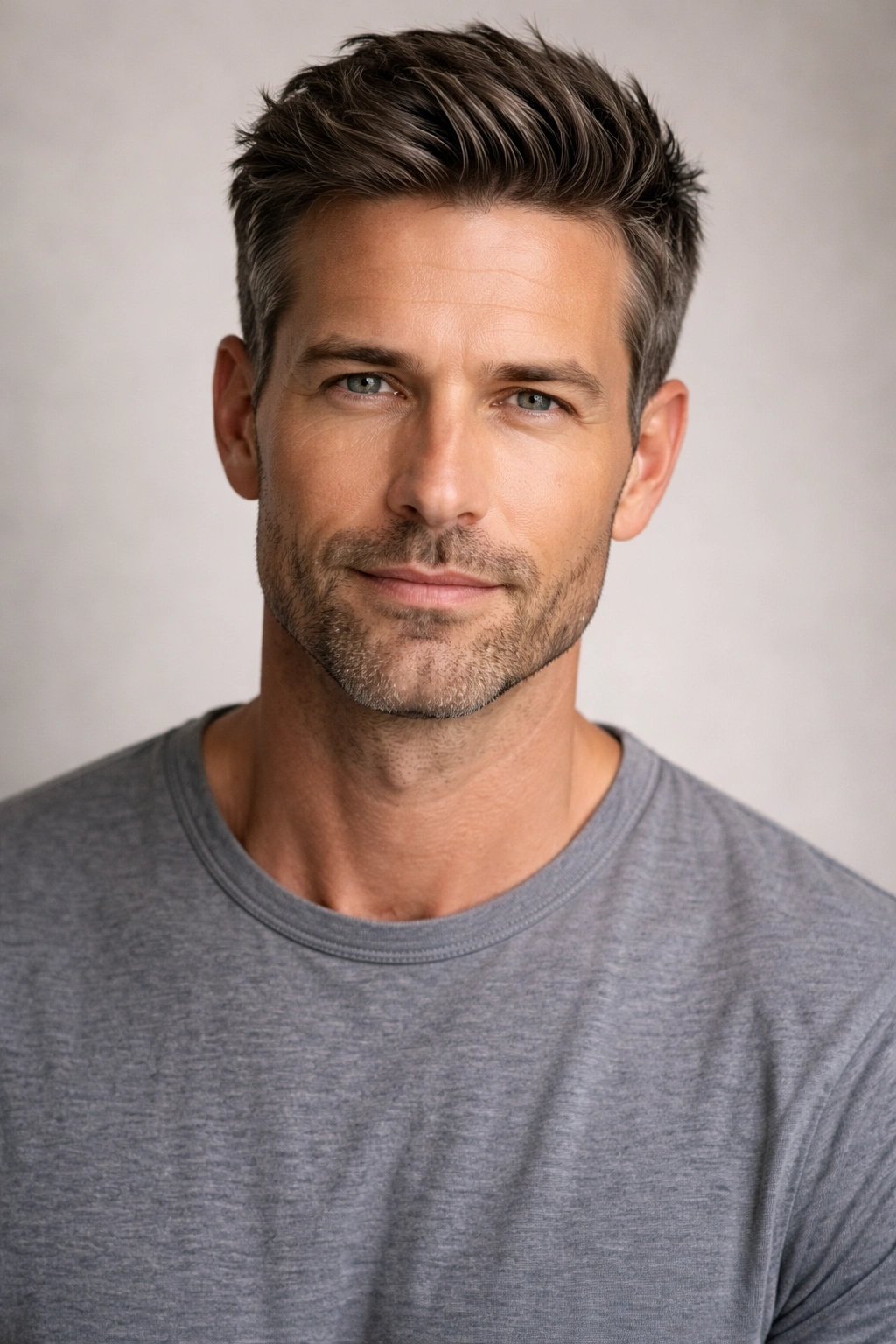 Close-up portrait of a man in his 40s with a versatile haircut in a studio
