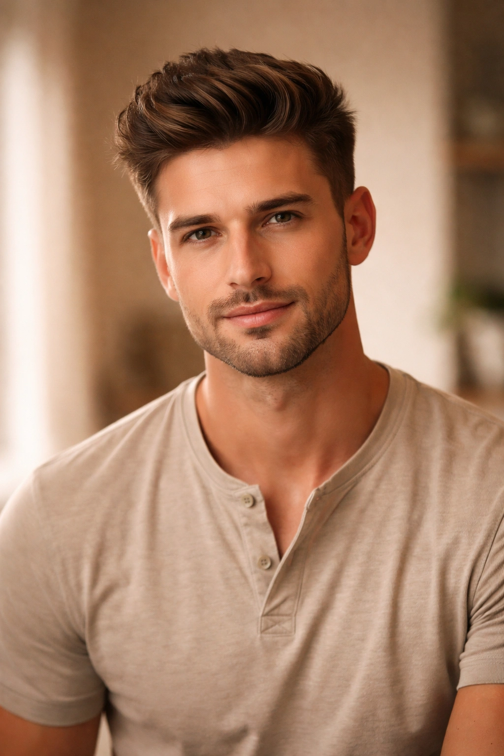 Portrait of a man with a versatile hairstyle in a relaxed setting