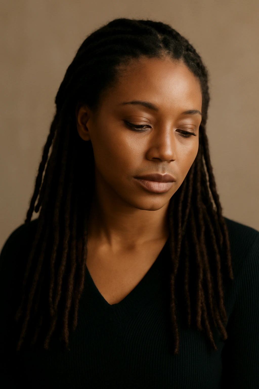 15 Loc Hairstyles That Work for Both Office and Play 16 Thoughtful portrait of a person with locs symbolizing versatile styling