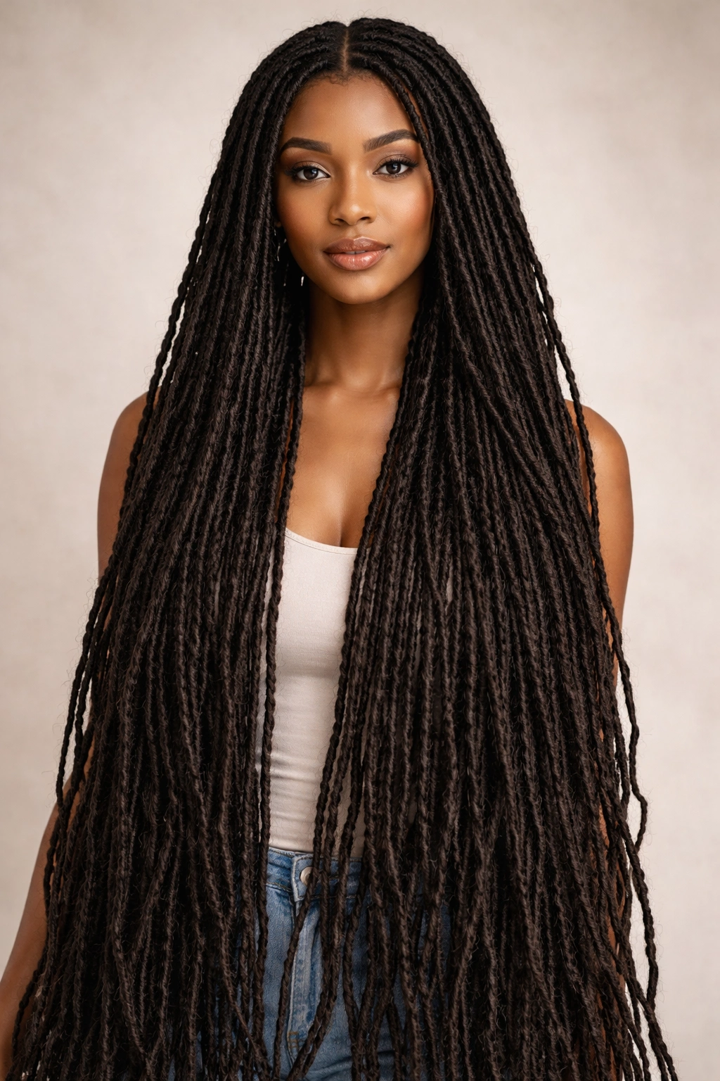 Very long locs parted in the center cascading loosely to show length