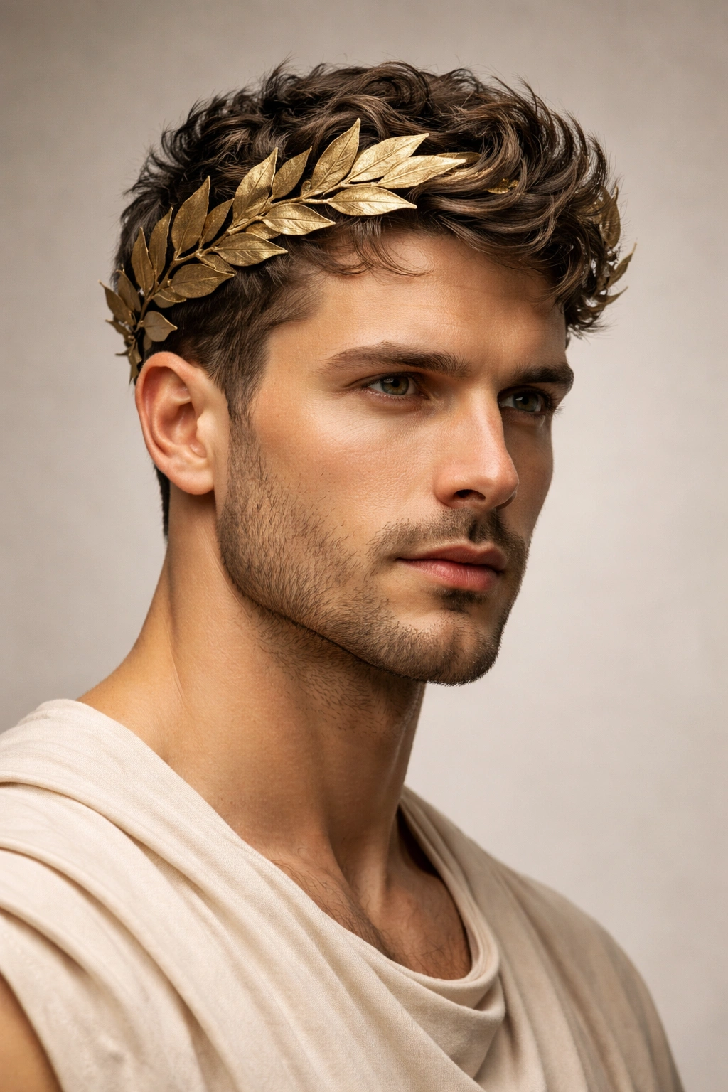 Medium-length hair neatly groomed underneath a laurel crown.