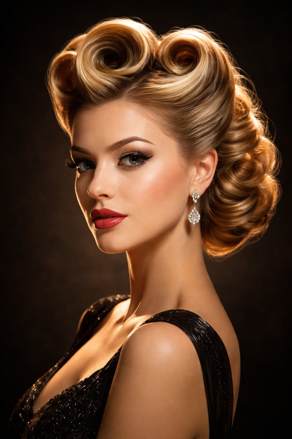 Sculpted updo with rolled sections creating height and volume