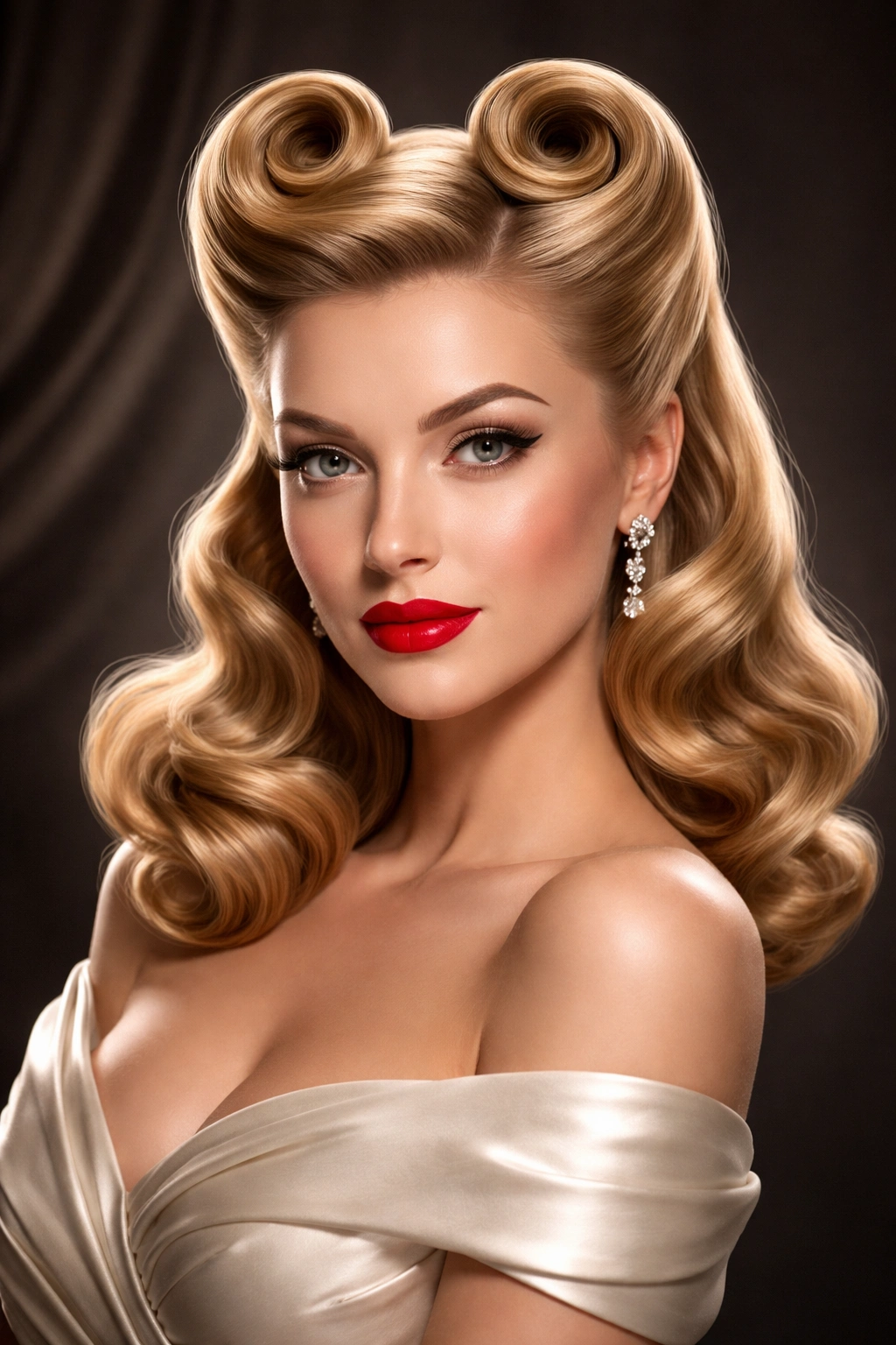 Portrait of victory rolls hairstyle with symmetrical rolls